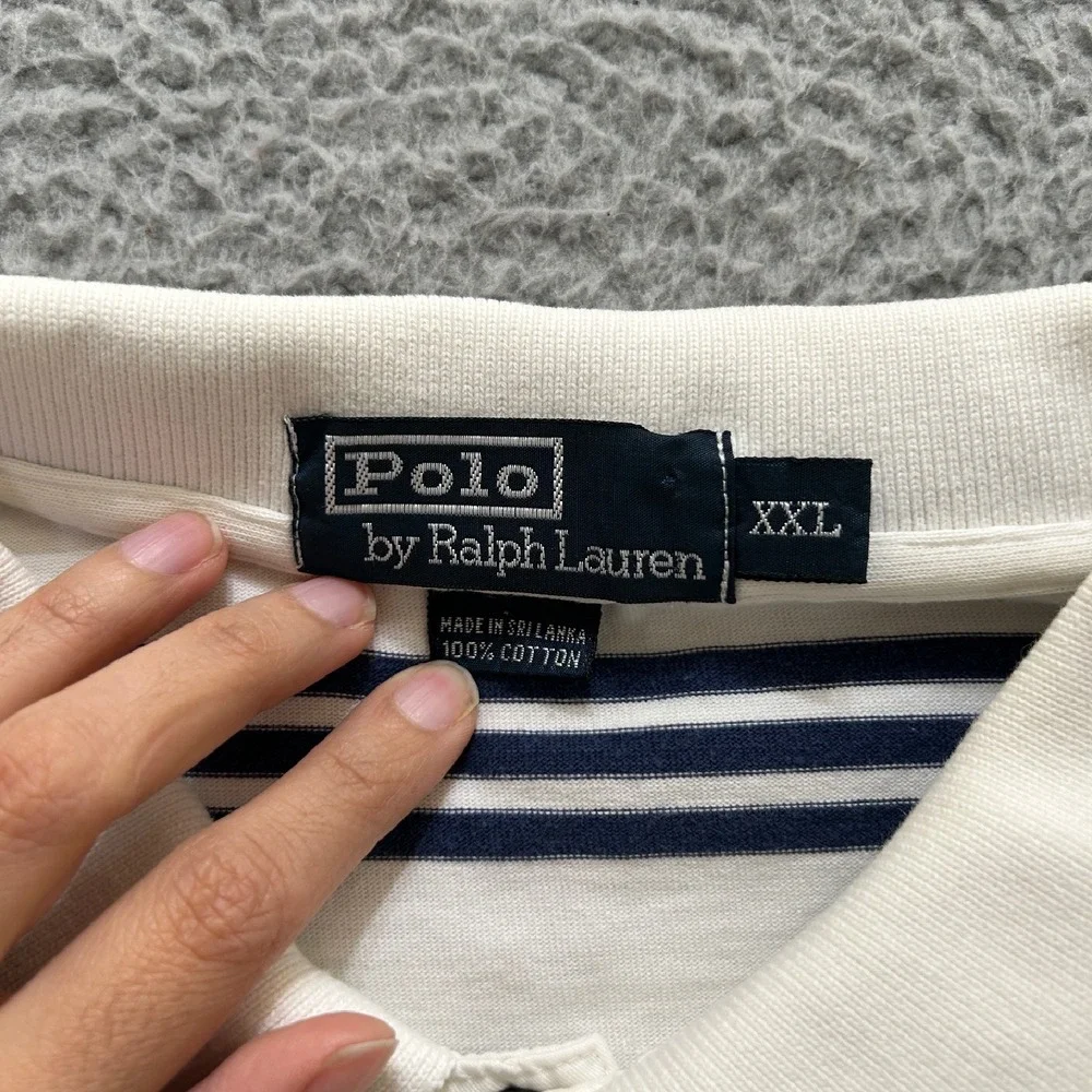 Polo Ralph Lauren Polo Shirt Mens XXL White Navy‎ Striped Snap Collared Preppy